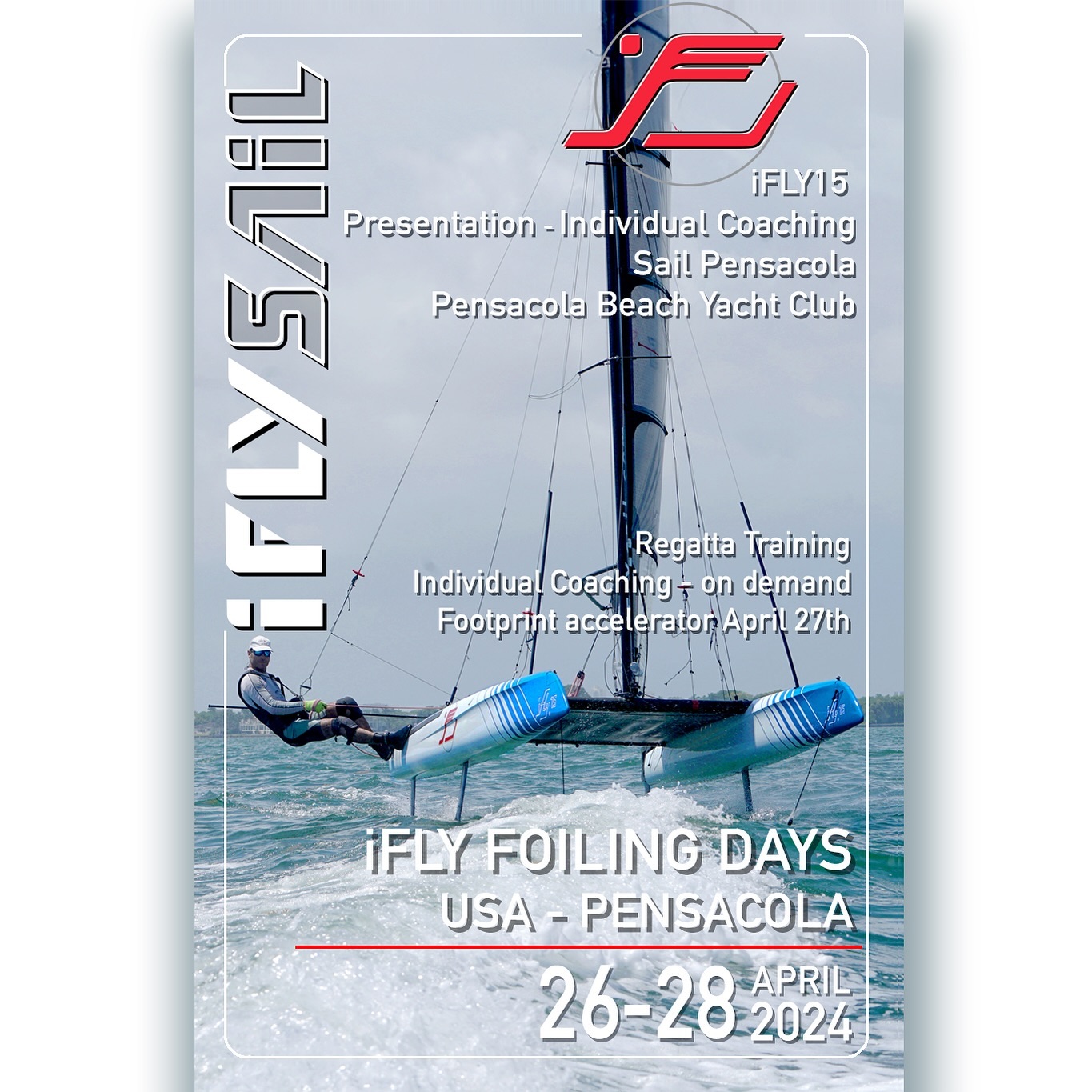 IFLY Foiling Days 2024 - USA - Florida 
@ifly15 @formula_foil 
We are on site with five iFLY15 / iFLY Razzor Pro 🙌🏼 

Join us at the
@pensacola_beach_yacht_club - Florida 
@sailpensacola to 
➡️ learn more about the @ifly15 featuring the sophisticated FlySafe® Foil Control System, and the iFLY Razzor Pro with additional MDT Main Foil Differential. 
We are excited to offer an exclusive presentation on both the iFLY15 and iFLY Razzor Pro, along with individual coaching, regatta and training opportunities. The event will take place on 

➡️ IFLY Foiling Days 2024
April 26th - 28th Pensacola.

➡️ April 26th-28th Presentation and Individual Coaching (on demand)
at the Pensacola Beach Yacht Club @sailpensacola @pensacola_beach_yacht_club @keysailing

➡️ Footprint accelerator April 27th@sailpensacola

If you’re interested in subscribing, please get in touch with us. Don’t miss out on the chance to experience the thrill and speed of catamaran sailing with the FlySafe Foil Control.

➡️ Link in Bio @ifly15 
Or https://iflysail.com/ifly-foil-sailboat-usa/

Join us for an unforgettable sailing experience!

#WeLoveSpeed #FlysafeFoilControl
.
#iFly #IFLYSAIL #IFLY15 #Foiling #sailing #sallgp #sailinglife #foiling #loyaltothefoil #sailingfast #foilinglife #foiltack #gofoil #waszp #foilgybe #takeflight #sail #sailingalltogether #americascup #lasersailing #boatsofinstagram #sailingcoach #yachting